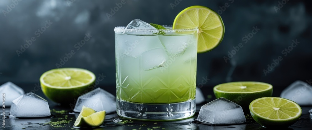 Poster refreshing cocktail with lime and ice cubes on a dark background with space for text perfect for bev