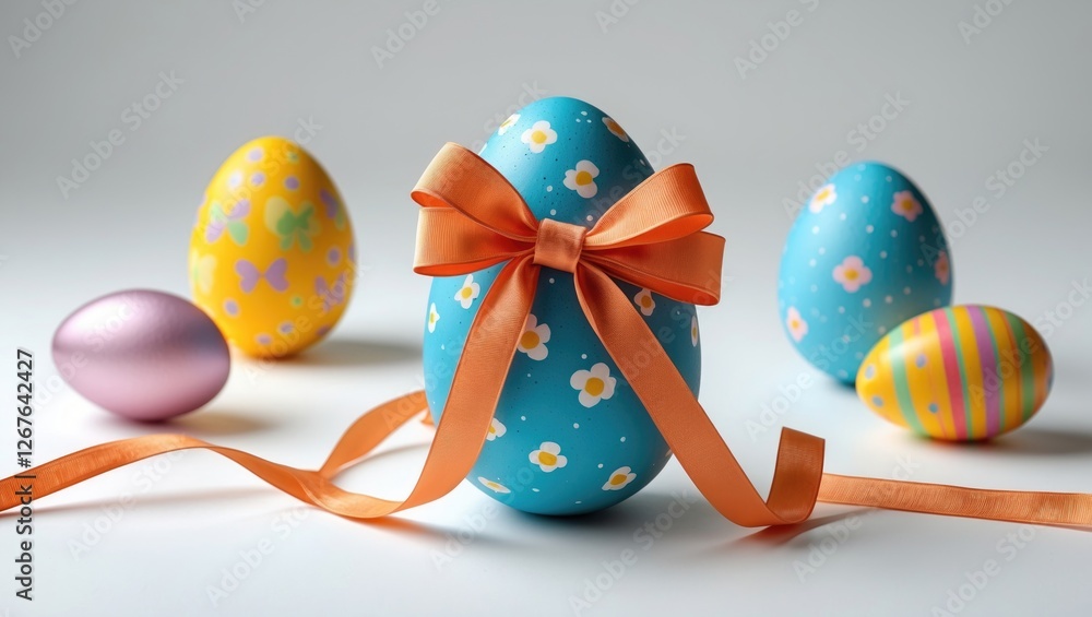 Poster decorative easter eggs with colorful patterns and ribbon bow on a white background ideal for spring 