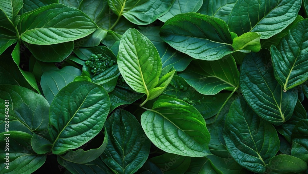 Poster lush green leaf textures in macro showcasing rich details and vibrant colors for an abstract nature-