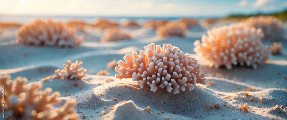 Poster coral reefs and sandy beach with blurred background ideal for text overlay in a serene coastal setti