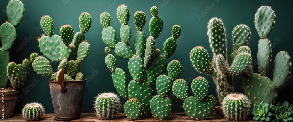 Aufkleber variety of green cacti against dark background showcasing unique shapes and textures in a natural an