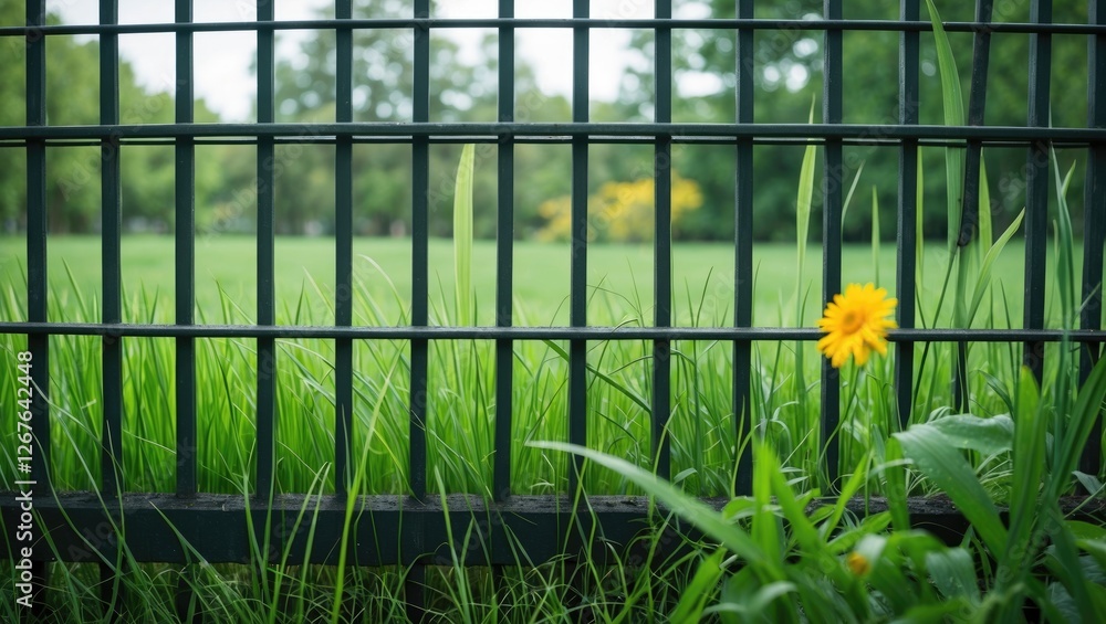 Poster Lush green grass and a vibrant yellow flower seen through a black trellis fence with ample space for text or captions.