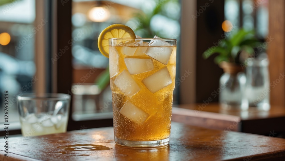 Poster refreshing glass of iced lemon tea with ice cubes on wooden table in a cozy restaurant setting with 