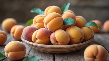 Freshly Harvested Apricots Arranged in a Bowl with Green Leaves and Rustic Wooden Background Ideal for Natural Food Photography