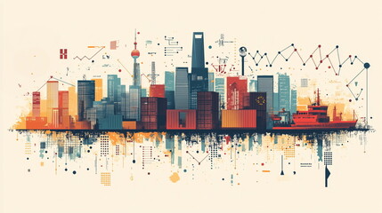 Obraz premium An economic illustration showcasing trade tariffs between America and China. Featuring cargo ships, shipping containers, currency symbols, and trade routes, emphasizing global commercial.