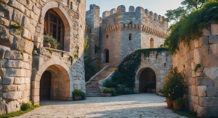 Fototapeta premium Ancient fortress with natural stone architecture and lush greenery, featuring pathways and arches, ideal for travel and relaxation concepts.