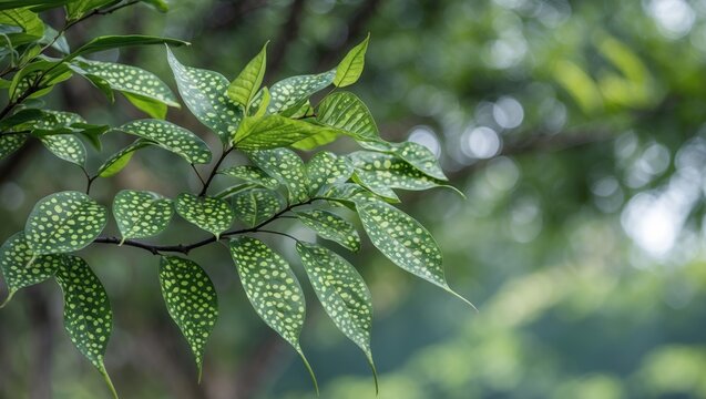 Green Leaves of Spotted Sicklefish Tree with Symbolic Significance and Blurred Nature Background Ideal for Text Overlay and Nature Themes