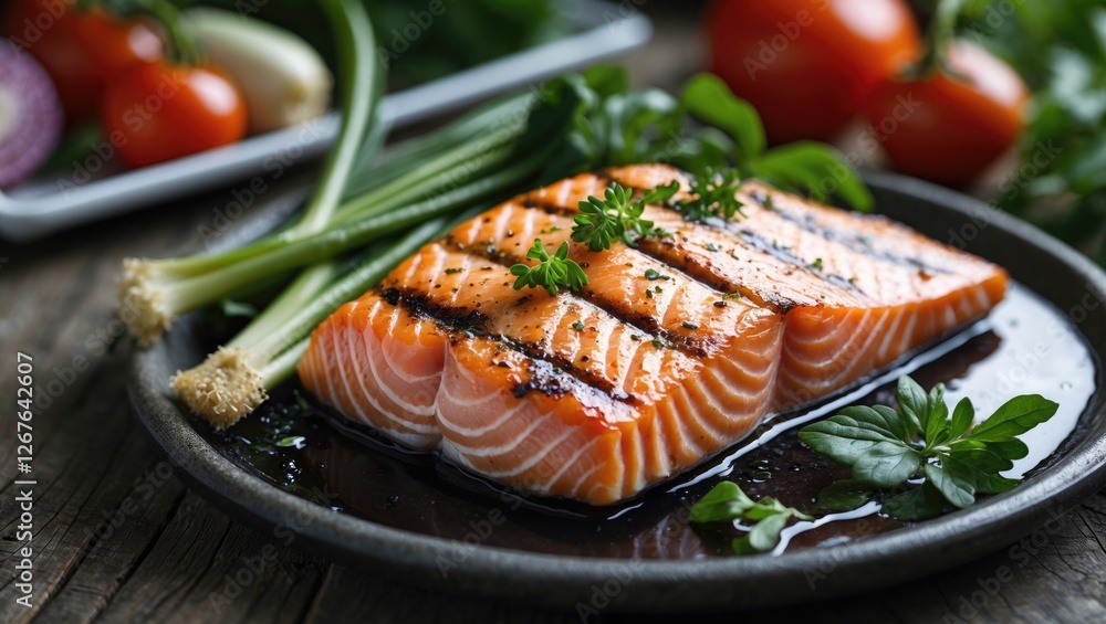 Poster grilled salmon fillet presented with fresh vegetables and garnish on rustic wooden table ideal for c