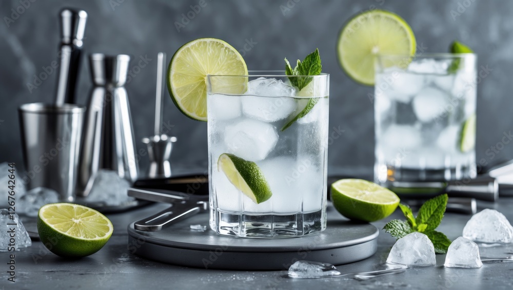 Poster Refreshing Gin and Tonic Cocktail With Lime Garnish and Ice Served on Gray Table Surrounded by Bar Tools and Fresh Lime Slices