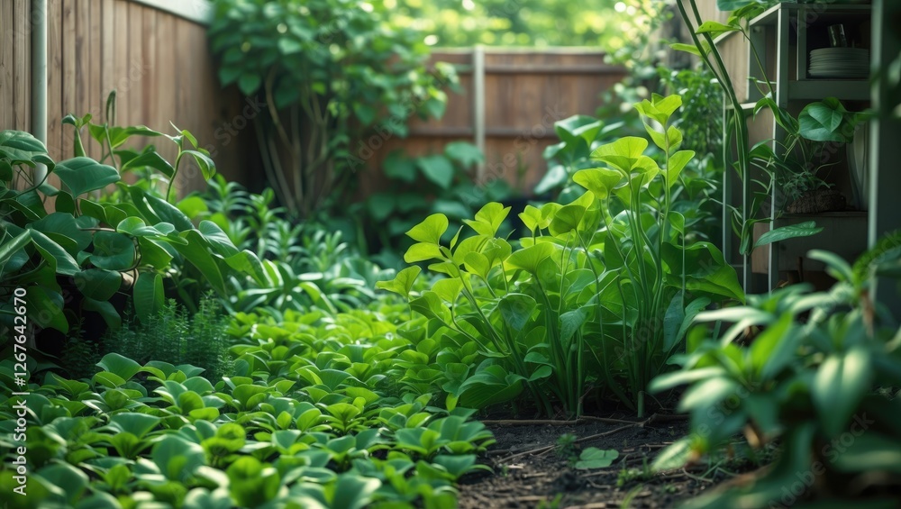 Poster lush green plants flourishing in garden pathway with natural lighting and open space for text or des