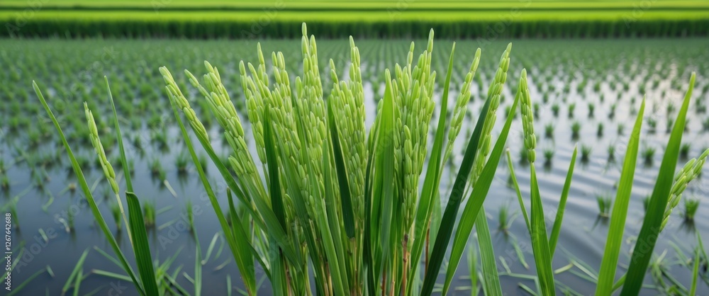 Poster green rice ears in lush paddy field with water reflection and blank space for text on a sunny day in