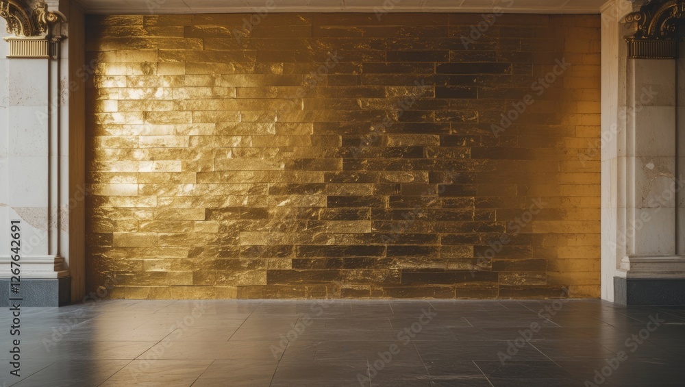 Poster luxurious golden wall interior design with sleek texture illuminated by soft lighting in a modern el