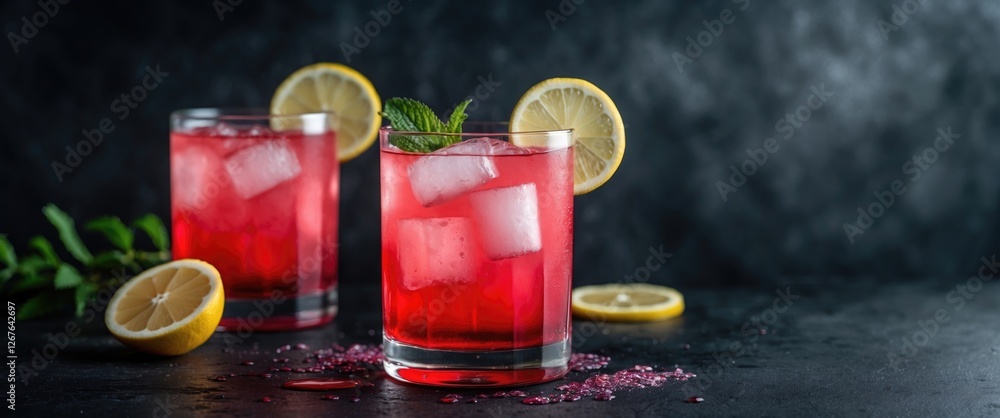 Poster refreshing red cocktails with lemon slices and mint on dark table with space for text or branding