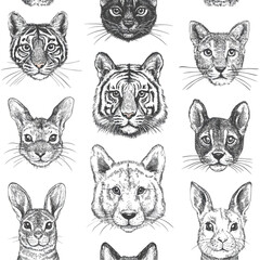Fototapeta premium Adorable animal faces seamless pattern monochrome sketch wildlife design