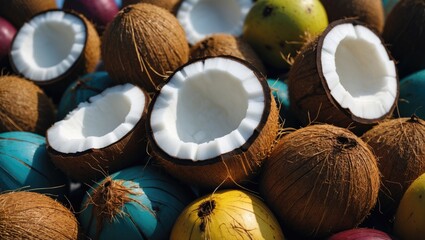Vibrant assortment of coconuts with colorful shells showcasing open and whole fruits in a tropical market environment.