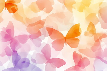 A dreamy watercolor illustration of delicate butterflies in warm pastel tones like peach, blush pink, soft gold, and lavender. Featuring translucent wings, fluid brushstrokes. Background and wallpaper