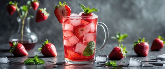 Refreshing Strawberry Iced Tea with Mint and Ice Cubes Surrounded by Fresh Strawberries on Dark Table with Copy Space for Text