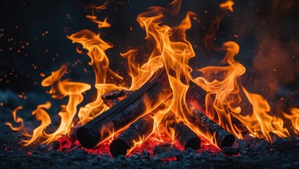 Obraz premium Vibrant flames dancing over logs in a cozy campfire setting with glowing embers and intense heat creating a mesmerizing texture background