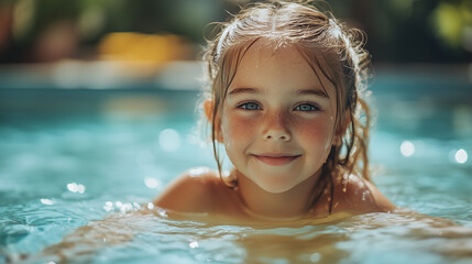 Smiling freckled girl enjoying summer in a swimming pool, wet hair, bright sunlight, refreshing blue water, playful childhood moment, perfect for vacation, travel, and family-related projects