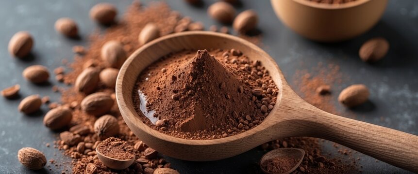 Carob and Kerob Powder in Wooden Spoon Surrounded by Nuts on Dark Background with Blank Space for Your Text or Branding