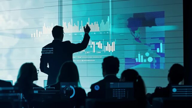 Business professional presenting data analytics on a large digital screen in a corporate setting. 4K video