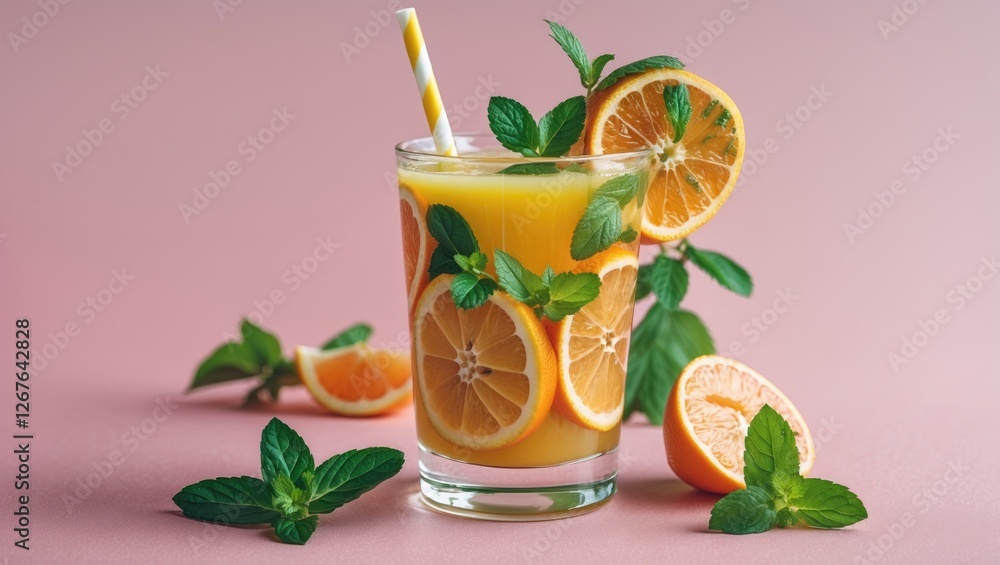 Poster citrus juice cocktail garnished with mint leaves and straw on a soft pink background ideal for refre