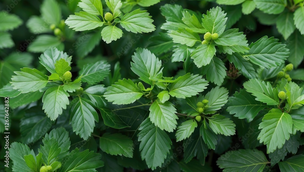 Poster lush green star gooseberry leaves close-up with natural copy space for text in a vibrant botanical s