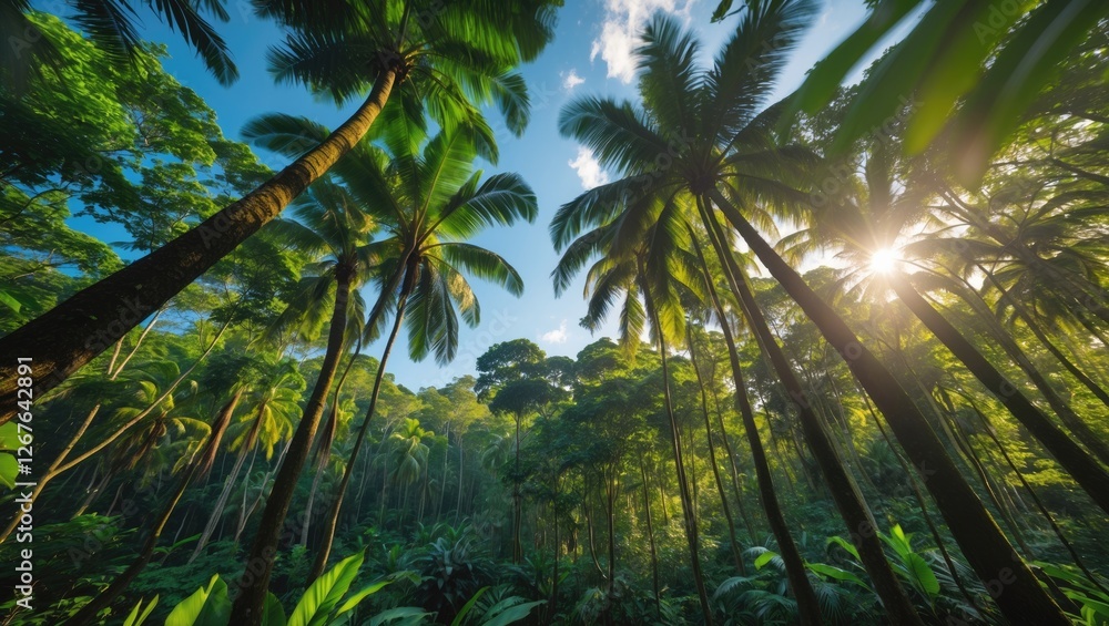 Leinwandbilder Serene Low Angle View of Lush Tropical Forest with Sunlight Filtering Through Trees Creating a Vibrant Canopy Under Clear Blue Sky