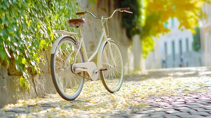 A white bicycle is parked on a sidewalk next to a wall