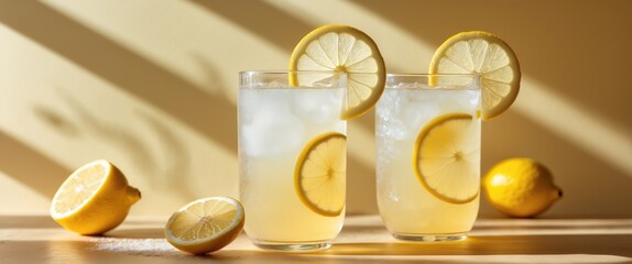 Refreshing Lemonade Drinks in Glasses Garnished with Lemon Slices and Yellow Background Perfect for Summer or Outdoor Gatherings.