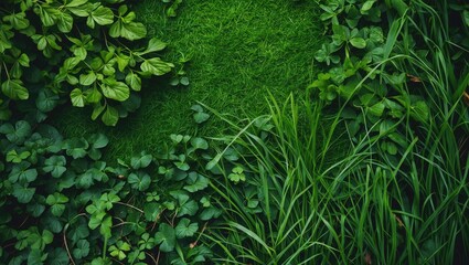 Obraz premium Lush Green Grass and Foliage Texture Nature Background for Tranquil Outdoor Scenes and Natural Design Elements