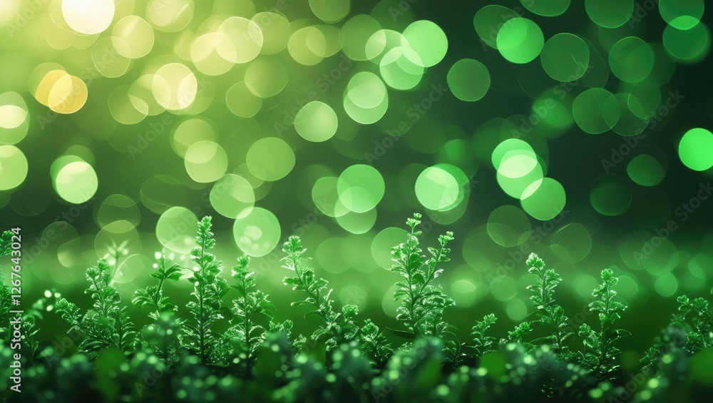 Poster lush green bokeh background with vibrant lights and natural foliage creating a dreamy, calming atmos