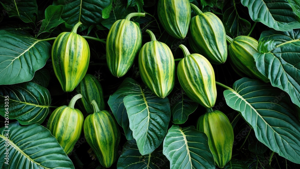 Poster vibrant green papaya and lush leaves displaying natural patterns with space for text in nature inspi