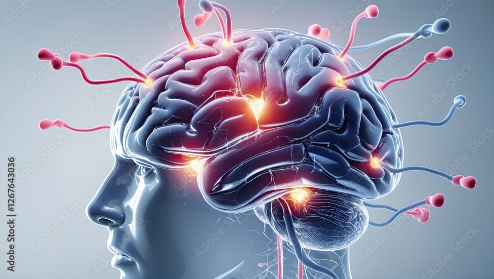 Poster a conceptual representation of the human brain with glowing neural connections and synapses against 