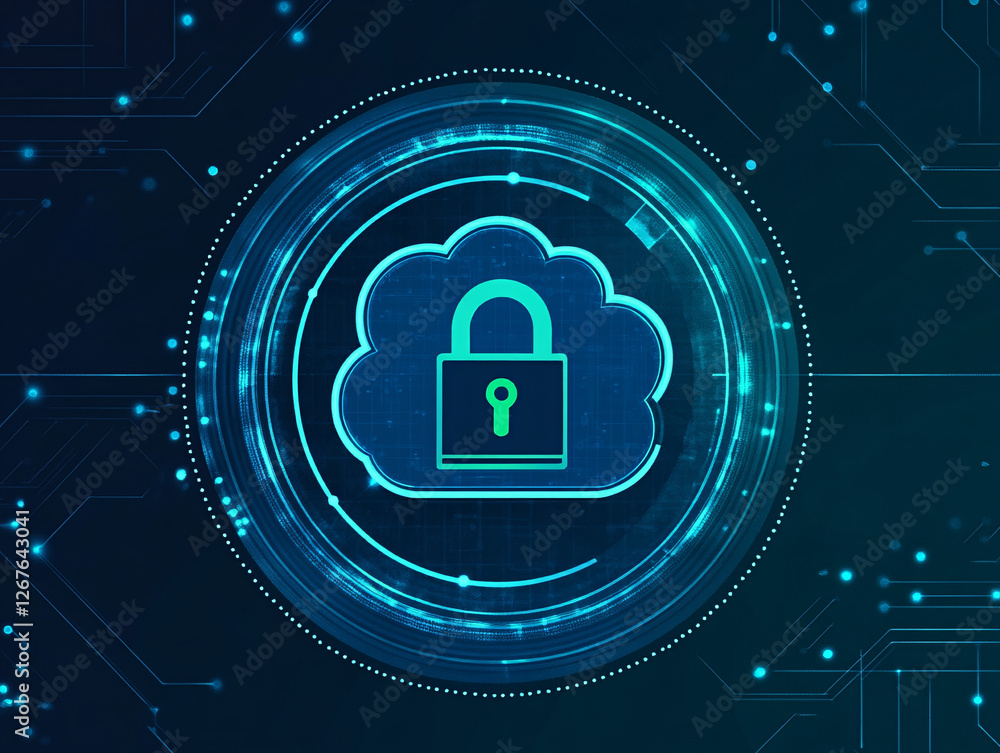 Poster a glowing blue cloud security lock surrounded by a futuristic digital interface representing cyberse