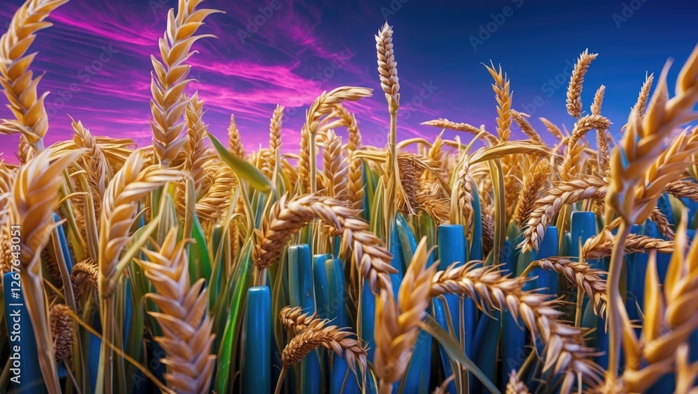 Poster golden grain field under vibrant sky with empty space for text and copywriting opportunities