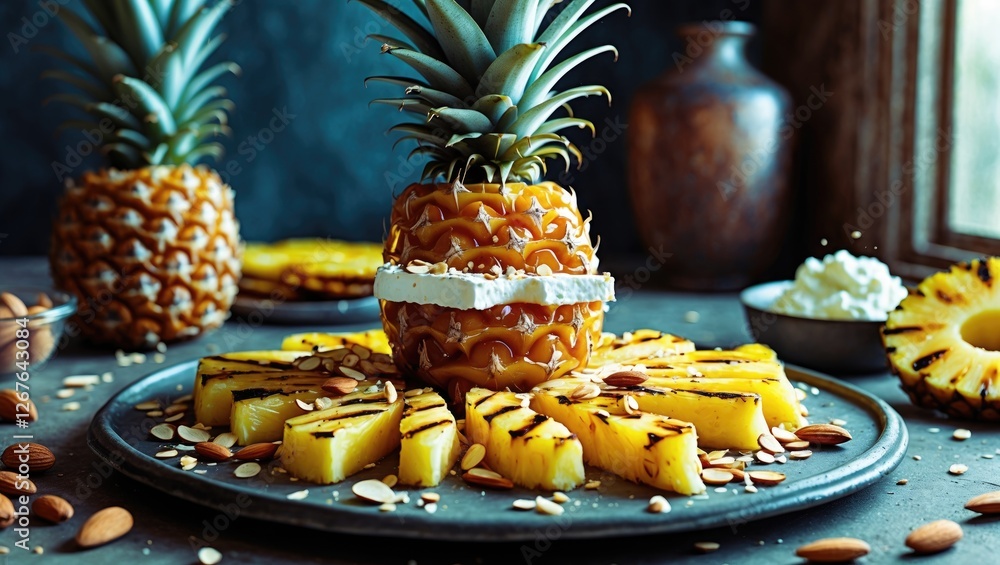Poster grilled pineapple with cream cheese and almonds decorative snack presentation with copy space for te