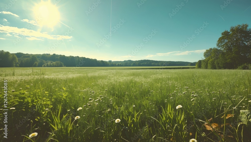 Aufkleber vibrant green meadow under bright sky with ample copy space ideal for text placement and nature them