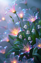 Fototapeta premium Lily of the Valley flowers in a vibrant spectrum of colors, set against a dreamy, misty backdrop. Created with generated AI.