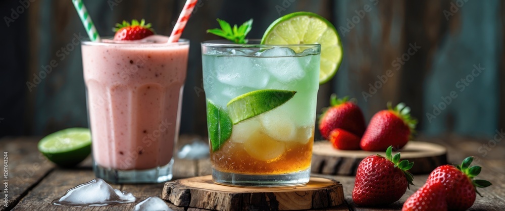 Poster refreshing cold iced tea with lime and strawberry milkshake on a wooden table surrounded by fresh st