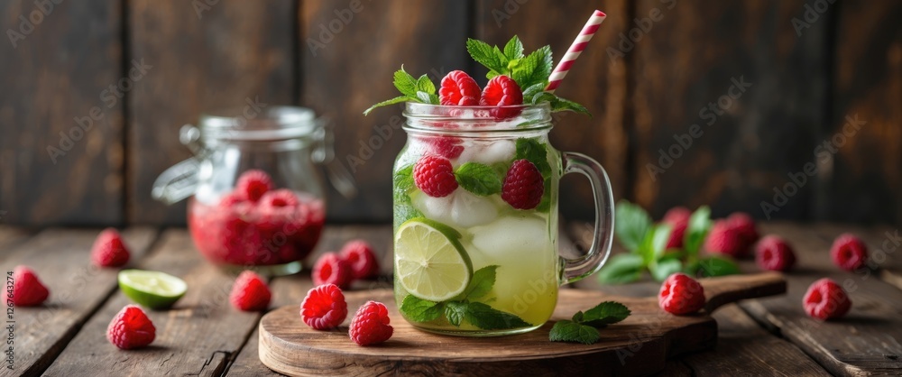 Aufkleber Refreshing Raspberry Mojito in Glass Jar Surrounded by Fresh Raspberries and Mint on Rustic Wooden Table with Copy Space for Text