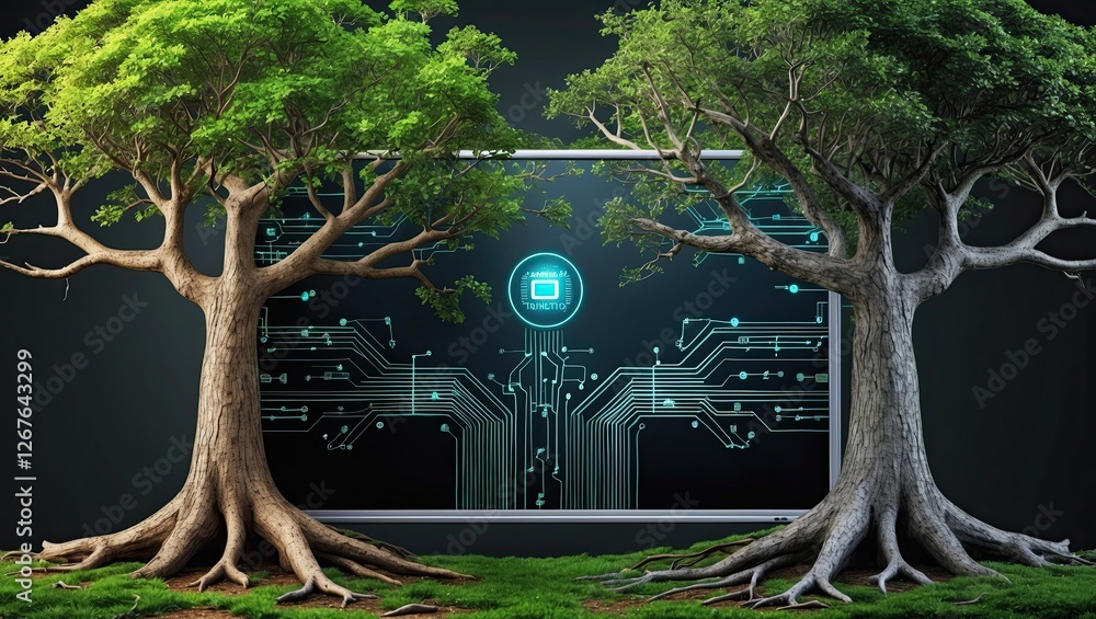 Poster a conceptual scene depicting two large trees on either side of a digital screen, symbolizing the int