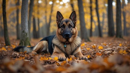 Majestic German Shepherd Relaxing Amidst Vibrant Autumn Foliage in a Tranquil Forest Setting