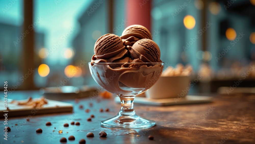 Poster Decadent chocolate ice cream served in a glass bowl on a rustic table with a blurred background creating a warm ambiance