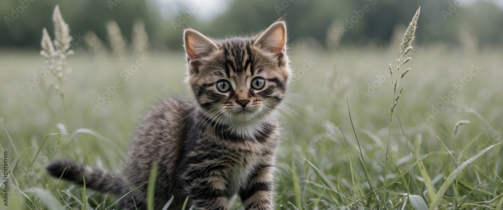 Poster tabby kitten playing in a lush grass field with space for text and captivating nature background