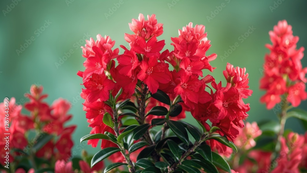 Poster vibrant red oleander blooms with soft-focus green background creating a serene floral atmosphere and