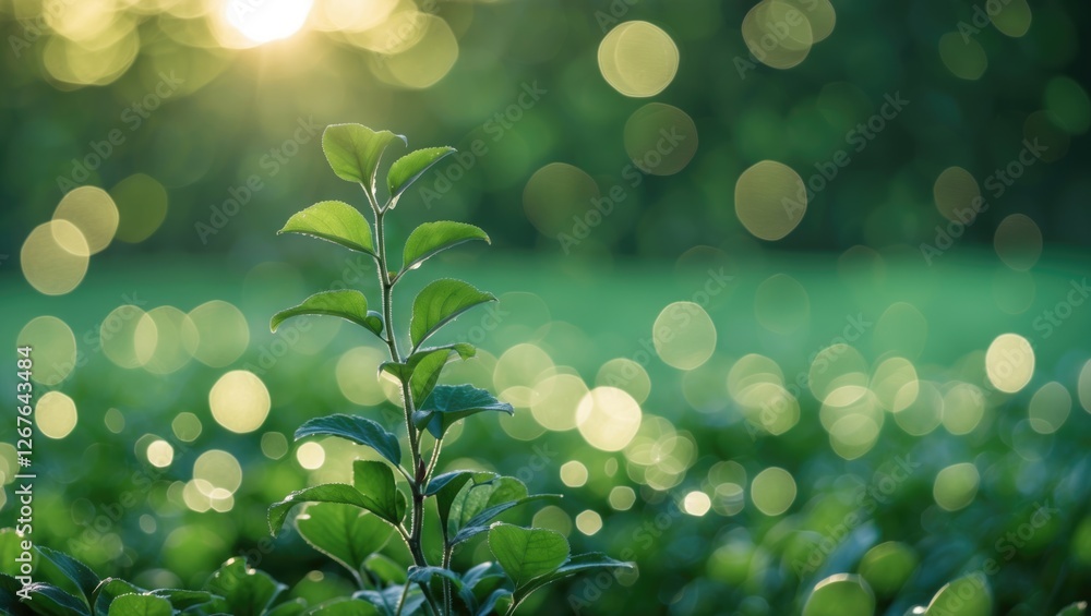 Poster morning sunlight illuminating vibrant green leaves with bokeh effect creating a serene and natural a