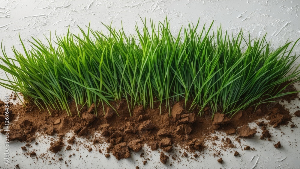 Poster fresh green grass and dark brown soil isolated on white background with room for text and design ele