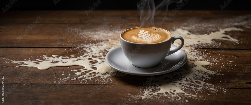 Poster Steaming cup of coffee with artistic milk froth on wooden table with spilled milk and ample space for adding text or branding