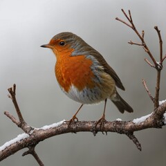 A small robin perched on a twig, bright red chest puffed out, clear white background.